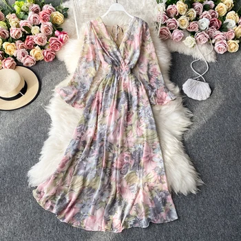 Boho Maxi Suknelė Moteriai Gėlių Ilgomis Rankovėmis Suknelė Elegantiškas Šifono Rudens Derliaus Suknelės Moterims Šalis V Kaklo Drabužius 2020 Midi