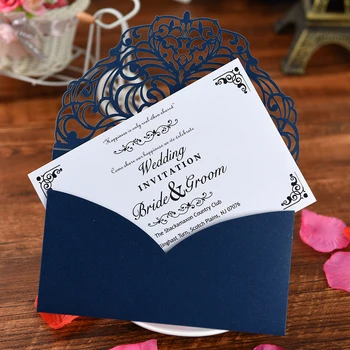 10 Pakuočių Tamsiai Mėlyna nėrinių supjaustyti unikalūs vestuviniai atvirukai ir Kvietimai, Kortelės šalies kvietimu tiekėjams spausdinimui popieriaus kortelės