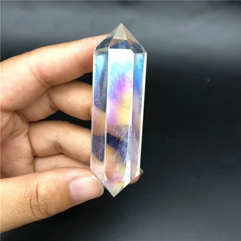 1PC Electroplated Aura White Crystal Dvigubo Taško Obeliskas Kristalų Lazdelė Gydymo Bokštas Natūralių Akmenų ir Mineralų