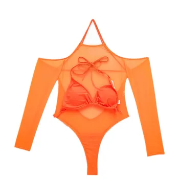 2 vnt Seksualus Transparant Akių maudymosi kostiumėlį Šalto Pečių Bodysuit 2020 Metų Vasaros Plaukimo Kostiumas Moterims Ponios ilgomis Rankovėmis Paplūdimio