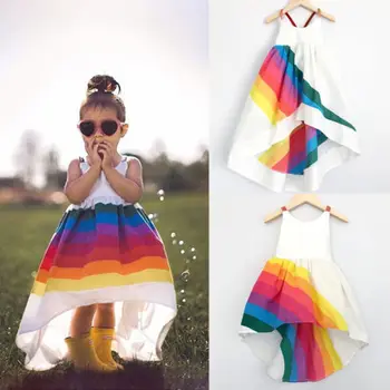 2018 m. Vasaros visiškai Naujas Princess Dress Vaikas Kūdikių Mergaičių Partijos Inscenizacija Mielas Rankovių Backless Dirželis Rainbow Beach Tutu Sukneles 1-6T