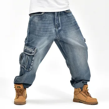 2019 CHOLYL Hip-Hop Mens Baggy Jeans Blue Multi Kišenės Krovinių Džinsai Vyrų Prarasti Riedlentė Džinsinio audinio Kelnės 30-46 didelis dydis