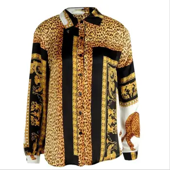 2019 m. Pavasarį Moterys Elegantiškas Šalis Prarasti Mygtuką Marškinėliai Turn-žemyn Apykaklės Moterų Leopardas Spausdinimo Mazgas Priekiniai ilgomis Rankovėmis Palaidinė