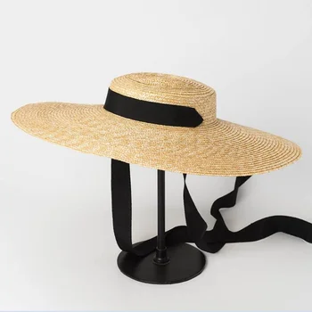 2019 Moterų Gamtos Rafija Šiaudų Skrybėlę Juostelės Kaklaraištis 15cm Kraštų Skrybėlę Derby Beach Sun Skrybėlę Bžūp Vasaros Platus Briauna UV Apsaugoti Kepurės Moterų R6