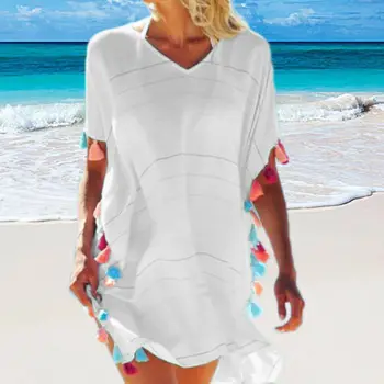 2019 Moterų Paplūdimio Trumpa Tunika Danga-Ups, Vestidos Kieto V Kaklo Sundress Derliaus Laisvi Šalies Bikini Dangtis