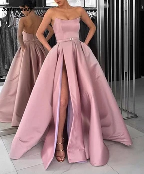 2020 Blush Pink Prom Dresses su Kišenėmis Pusėje Ritininės Stebėjimo Elegantiškas Satino Ilgai Vakare Šalies Chalatai Vyno Raudona Moterų Oficialų Suknelė