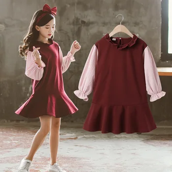 2020 m. Mergina, Rudenį, Žiemą, vyno raudona marškinėliai Topai Trumpos Suknelės Kūdikių Apačioje Atsitiktinis paauglys Vaikai Princesė Dress 6 7 8 9 10 11 12 metų