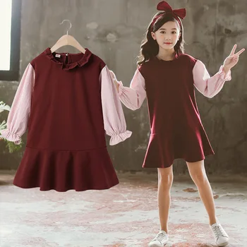 2020 m. Mergina, Rudenį, Žiemą, vyno raudona marškinėliai Topai Trumpos Suknelės Kūdikių Apačioje Atsitiktinis paauglys Vaikai Princesė Dress 6 7 8 9 10 11 12 metų