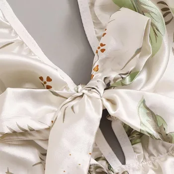 2020 M. Moteris Spausdinimo Gėlių Nėrinių Diržas Trikotažo V-Kaklo, Rankovių Bodysuit Mados Dizaino Backless Pižama Šilko Satino Jumpsuit