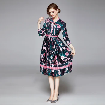 2020 m. Pavasario Tako Aukštos Kokybės Lankas Kaklo Derliaus Floros Spausdinti Šalis Suknelė Vestidos Skraiste Femme elegantiškas dot spausdinti Midi suknelė