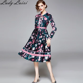 2020 m. Pavasario Tako Aukštos Kokybės Lankas Kaklo Derliaus Floros Spausdinti Šalis Suknelė Vestidos Skraiste Femme elegantiškas dot spausdinti Midi suknelė