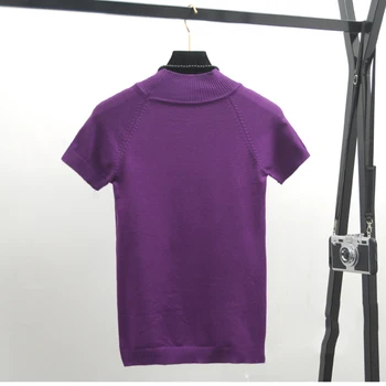 2020 m. Pavasarį Megzti marškinėliai Aukštu Kaklu Moterų marškinėliai Vasaros trumpomis Rankovėmis Moterų Marškinėliai Mados Ponios Megztinis Trikotažas