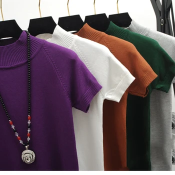 2020 m. Pavasarį Megzti marškinėliai Aukštu Kaklu Moterų marškinėliai Vasaros trumpomis Rankovėmis Moterų Marškinėliai Mados Ponios Megztinis Trikotažas