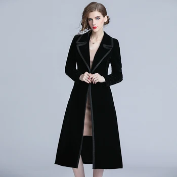 2020 M. Rudens Žiemos Aksomo Tranšėjos Paltai Moterims Abrigo Mujer Ilgas Elegantiškas Įpjovomis Outwear Moterų Paltas Slim Juodas Megztinis Tranšėjos