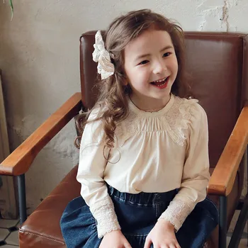 2020 m. Rudens/Žiemos korėjos vaikų suknelė vaikų mergaitė lady nėrinių rankovėmis T-shirt