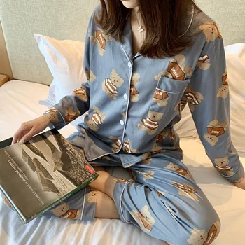 2020 m. Rudenį Moterų Pižama Rinkiniai su Gėlių Spausdinti Mados Prabangių Moterų Dirbtiniais Šilko Dviejų dalių Marškinėliai + Kelnės naktiniai marškinėliai Sleepwear