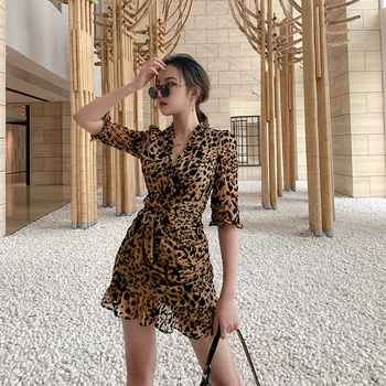 2020 m. Rudenį, Vasarą Prašmatnus Pusė Ruffles Rankovėmis Šalies Klubas Suknelės Elegantiška Mini Suknelė Sexy Moterys, Leopardas spausdinimui V-kaklo Bodycon Suknelė