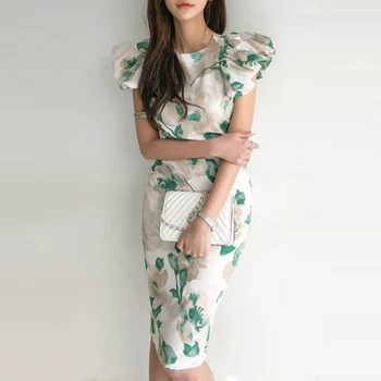 2020 M. Rudenį Žalia Spausdinti Gėlių Atsitiktinis Suknelė Moterims Trumpomis Rankovėmis Korsetas Stora Bodycon Sluoksniuotos Rankovėmis Suknelė Elegantiškas Moteris Korėjos Suknelė