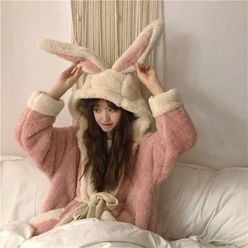 2020 M. Rudenį, Žiemą Storas, Pūkuotas Flanelė Sleepwear Saldus Japonų Stiliaus Triušio Ausies Gobtuvu Pižama Laisvalaikio Dėvėti Dviejų Dalių Rinkinys