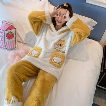 2020 M. Žiemos Moterys Pajama Komplektai Flanelė Animacinių Filmų Šiltos Pižamos Moterų, Mergaičių Namų Drabužių Nustatyti Gyvūnų Sleepwear Pijama Mujer Naktiniai Drabužiai