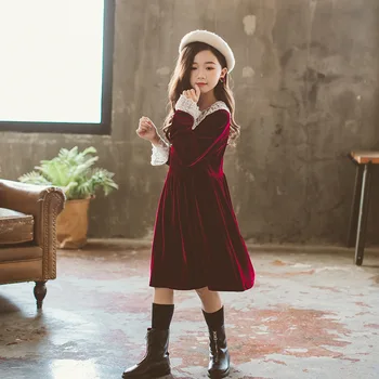2020 M. Žiemos Vilnos Kūdikių Suknelės Pavasario Mergaitės Paauglys Šalis Suknelė Nėrinių Kratinys Ilgomis Rankovėmis Didelis Vaikų Drabužių Raudona Juoda Rudenį