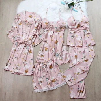 2020 M. Žiemą, Rudenį Moterys Satino Pyjama Rinkinys Sexy Šilko Pižama Sleepwear Naktį Kostiumai Minkštas Naktiniai Drabužiai Namų Drabužius Su Krūtinės Pagalvėlės