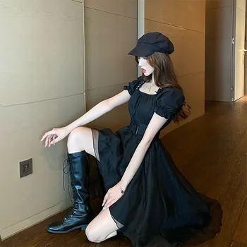 2020 metų Vasaros Derliaus Plius Dydžio Tinklelio Suknelė Aikštėje Apykaklę, Trumpas Sluoksniuotos Rankovėmis Nereguliarus Juostos Suknelių Mados juoda suknelė Vestido