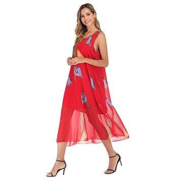 2020 metų Vasaros Suknelė Raudona Derliaus Gėlių Spausdinti Rankovių Šifono Suknelė Atsitiktinis Paplūdimio Stilius Laisvas Suknelės Moterims Vestidos Midi
