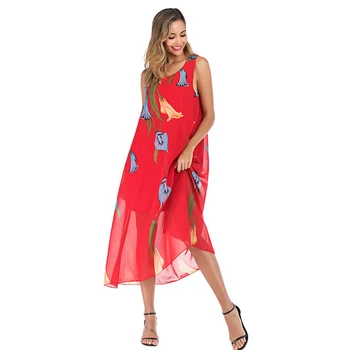 2020 metų Vasaros Suknelė Raudona Derliaus Gėlių Spausdinti Rankovių Šifono Suknelė Atsitiktinis Paplūdimio Stilius Laisvas Suknelės Moterims Vestidos Midi
