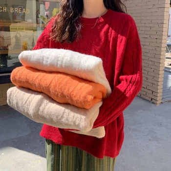 2020 NAUJAS negabaritinių džemperis moterims briaunoti megzti puloveriai prarasti tvirtą šiltas saldus žiemos drabužių moterims, Oranžinė Raudona Abrikosų Balta