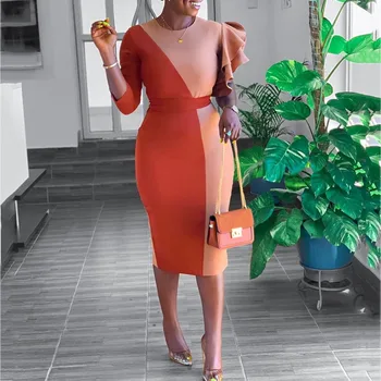 2020 Oranžinės Spalvos Bloką Raukiniai Moterų Bodycon Suknelė Vasaros Afrikos Ponios Elegantiškas Vakarienę Office Suknelės Darbo Vestiods Plius