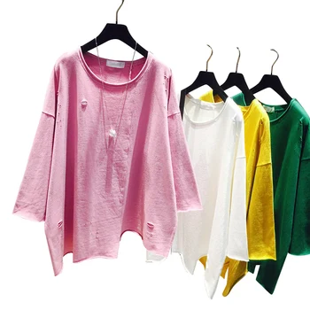 2020 Skylių Marškinėlius Naują Pavasario Moterys korėjos Stilius Laisvas Paprasta Apvali Kaklo Skylę marškinėliai ilgomis Rankovėmis Tee Laisvalaikio Namuose Viršuje Mergaitėms