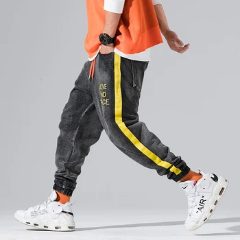 2020 Streetwear Poilsiu Vyrų Geltona Juostele Spliced Džinsai, Kelnės Laišką Dizaino Jogger Mens Kelnės Krovinių Haremo Kelnės