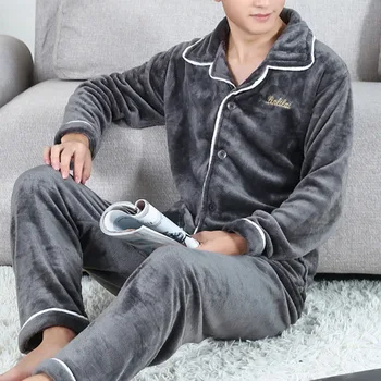 2020 Vyrų Pižama Rinkiniai Koralų Vilnos Pajama Vyras Sleepwear ilgomis Rankovėmis Atspausdintas Dryžuotas Atsitiktinis Vyrų Žiemos Pižama