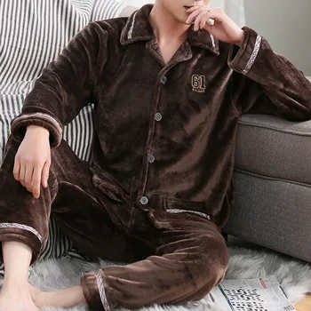 2020 Vyrų Pižama Rinkiniai Koralų Vilnos Pajama Vyras Sleepwear ilgomis Rankovėmis Atspausdintas Dryžuotas Atsitiktinis Vyrų Žiemos Pižama