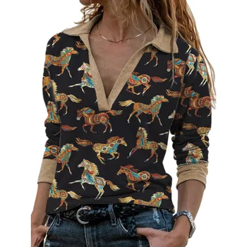 2021 m. Pavasarį Atsitiktinis V-Kaklo Arklio Spausdinti Laisvi marškinėliai Moterims Turn-žemyn Apykaklės Gyvūnų Mados ilgomis Rankovėmis Viršūnes