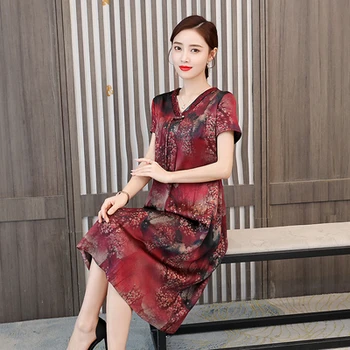 2021 Naujas Moterų Pagerėjo Cheongsam Modeliavimas Šilko Midi Suknelė Vintage Siuvinėjimas V-kaklo Plius Dydis 4xl vidutinio Amžiaus Motina Suknelės