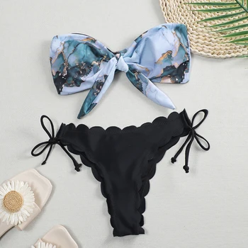 2021 Naujas Seksualus Bandeau Bikini Nustatyti maudymosi kostiumėlį Moteris Mazgas maudymosi Kostiumėliai Moterims Dviejų dalių Bikini Print Maudymosi Kostiumą Bather Biquini