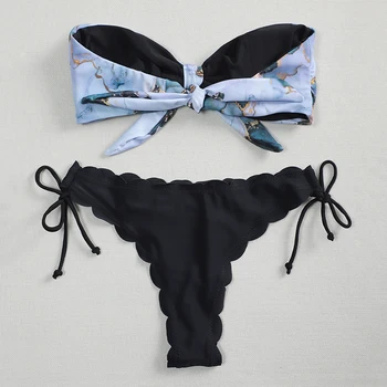 2021 Naujas Seksualus Bandeau Bikini Nustatyti maudymosi kostiumėlį Moteris Mazgas maudymosi Kostiumėliai Moterims Dviejų dalių Bikini Print Maudymosi Kostiumą Bather Biquini
