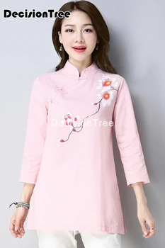 2021 tradicinės kinų drabužiai moterims hanfu viršuje moteriškos palaidinės elegantiškas ponios retro stiliaus šukuotinės medvilnės skalbiniai cheongsam viršūnės