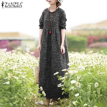 2021 ZANZEA Atsitiktinis ilgomis Rankovėmis Maxi Plus Size Vestidos Mados Gėlių Suknelė Moterų Pavasario Sundress Moterų Tuščiaviduriai Spausdinti Skraiste