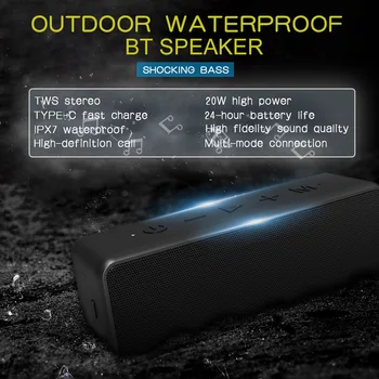 20W Lauko Portable Bluetooth Speaker Vandeniui Bosinė Kolonėlė žemų dažnių garsiakalbis Soundbar Didelės Galios BoomBox 