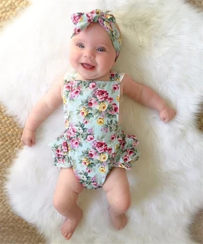 2VNT Nustatyti Naujagimio Gėlių Baby Girl Drabužiai 2018 M. Vasaros Rankovių Medvilnės Raukiniai Romper Kūdikių Bodysuit +Lankelis Komplektus Sunsuit