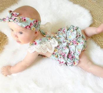 2VNT Nustatyti Naujagimio Gėlių Baby Girl Drabužiai 2018 M. Vasaros Rankovių Medvilnės Raukiniai Romper Kūdikių Bodysuit +Lankelis Komplektus Sunsuit