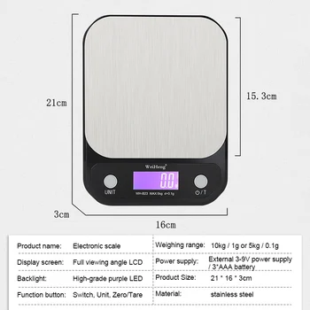 3 kg/5kg/10kg 0,1 g/1g Didelis Tikslumas Apšvietimo Elektros Masto su 3-9V USB Mokesčio, Nerūdijančio Plieno Svėrimo Virtuvė Masto Svarstyklės
