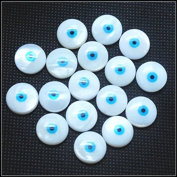 30pcs Didmeninė baltu perlamutru cabochons shell cabochons apyrankę padaryti monetos formos piršto žiedai kaip 14mm su mėlyna akių