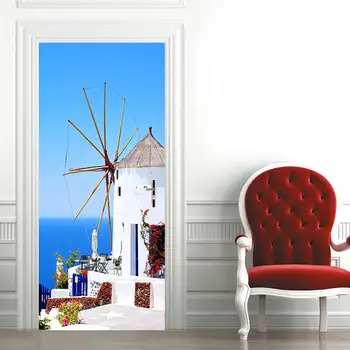3D kūrybos Santorini durų lipdukai, sienų lipdukai, lipnios vandeniui nuimamas