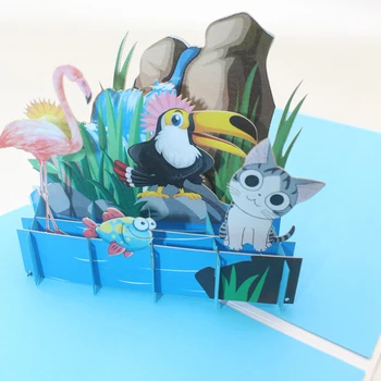 3D Rankų darbo Animacinių filmų Fllamingo Kačių, Žuvų Kalnų upės Popieriaus Kvietimas, atvirukas Atvirukas Draugui Gimtadienio Dovana