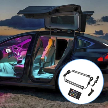 4pcs Muzikos Valdymo Automobilių Dekoratyvinės Lempos USB Led Juostelė 12V 5V RGB 5050 SMD Neperšlampami Interjero Atmosferą lemputė Su Nuotolinio