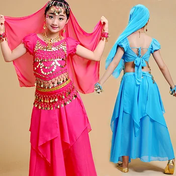 4PCS Vaikų Pilvo Šokio Kostiumai Mergina Rytų Scenos Šokiai, Kostiumai Nustatyti Mergina Indijos Šokių Suknelė Tiktų Šokio Spektaklis